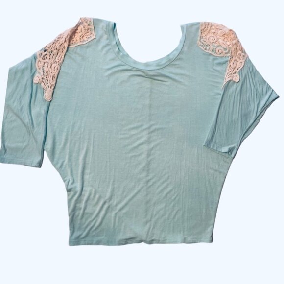 Women's Mint Green & Ivory Lace Pullover Top Size Small Dolman Sleeves Stretch - Picture 3 of 9